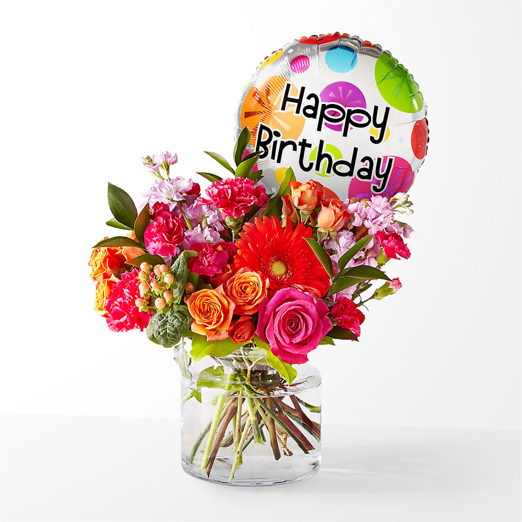 Fiesta Bouquet with Birthday Balloon – Branch Floral Designs, Nyssa OR