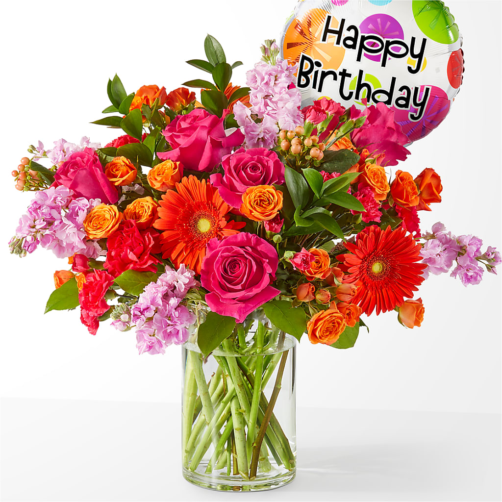 Fiesta Bouquet with Birthday Balloon – Branch Floral Designs, Nyssa OR