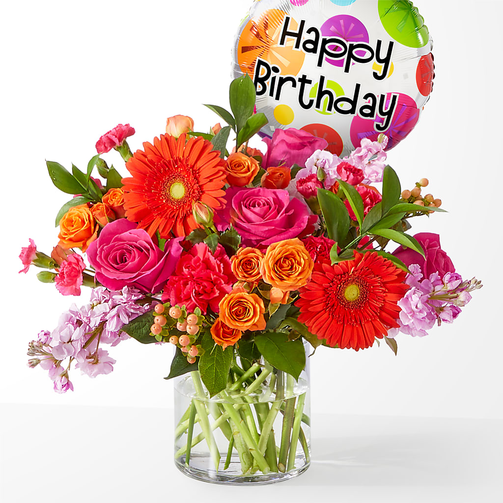 Fiesta Bouquet with Birthday Balloon – Branch Floral Designs, Nyssa OR