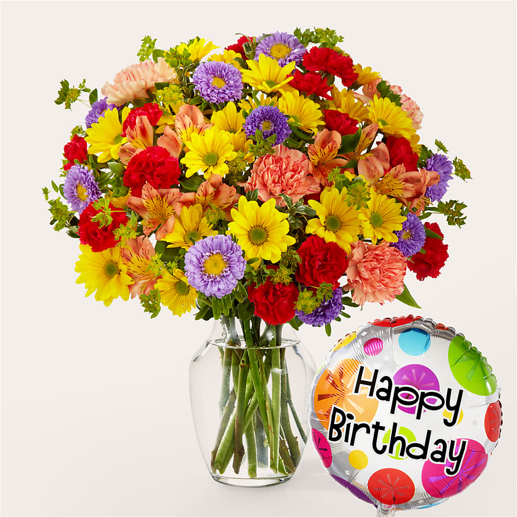 Kaleidoscope Bouquet with Birthday Balloon – Branch Floral Designs, Nyssa OR