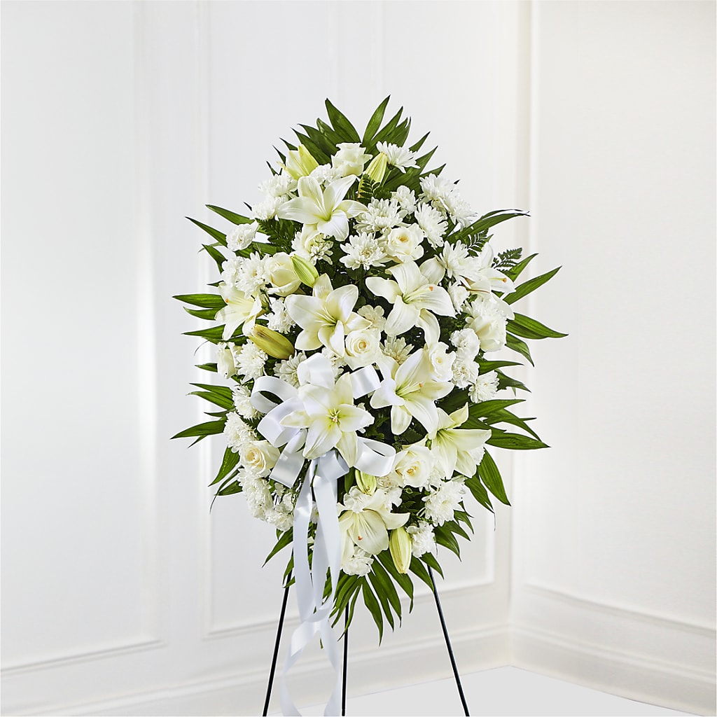 Exquisite Tribute Standing Spray-White Ribbon – Branch Floral Designs, Nyssa OR